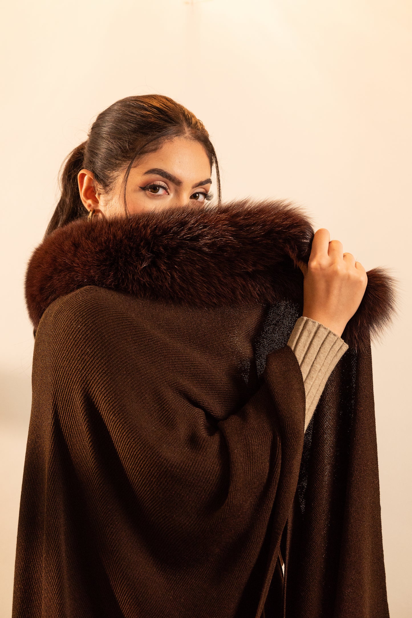 Front Open Cape with Long Natural Fur Neckline