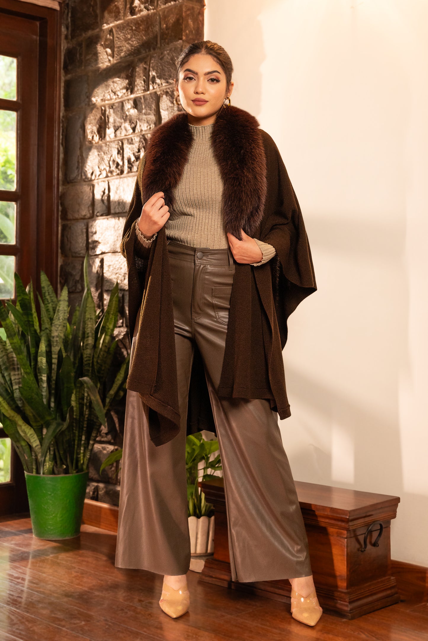 Front Open Cape with Long Natural Fur Neckline